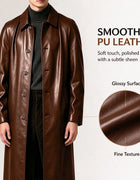 Men Vintage Long PU Faux Leather Trench Coat Lapel Single Breasted Windproof Overcoat Business Casual Long Sleeve Leather Jacket