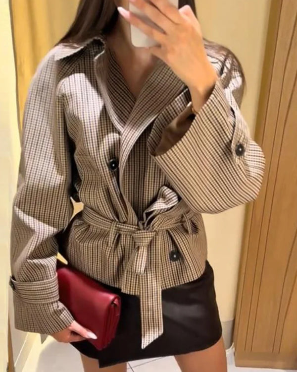 Plaid Cropped Trench Coat Lapel Collar Double Breasted Belted Waist Long Sleeve Women All-match Coats 2026 Autumn Commute Outfit