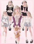 Japanese Sweet Preppy Women Two Piece Set Kawaii Lace Bow Tops Mini Skirt Korean American Retro Subculture Cute Fashion Outfits
