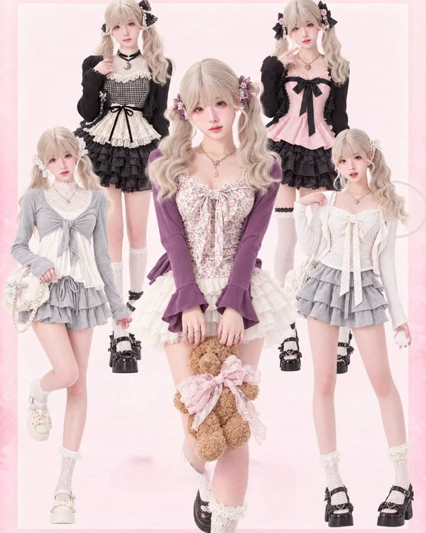 Japanese Sweet Preppy Women Two Piece Set Kawaii Lace Bow Tops Mini Skirt Korean American Retro Subculture Cute Fashion Outfits